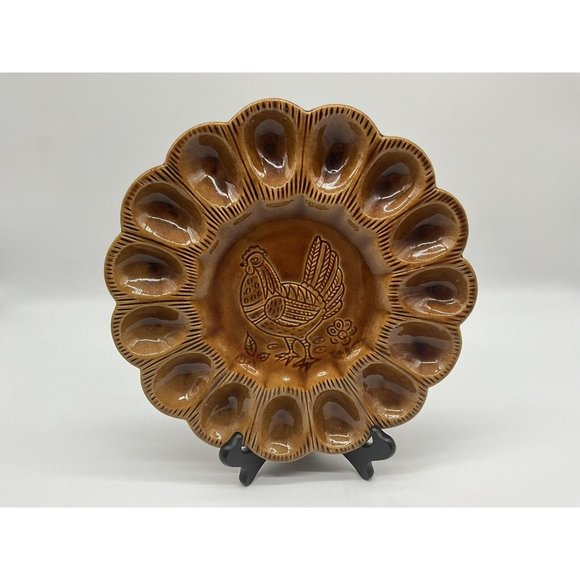 California Pottery Golen Brown Deviled Egg Plate, Made in USA - Picture 7 of 16